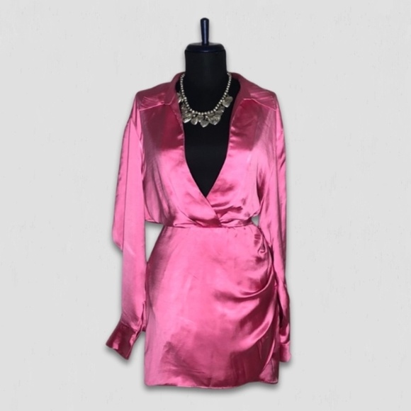 Zara Satin Mini Dress Bishop Sleeve Tulip Hem Hot Pink Large - Picture 2 of 13